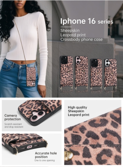 Envelope sheepskin leopard print iPhone 16 lanyard phone case