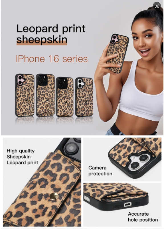 Genuine leather leopard print sheepskin iPhone 16 phone case