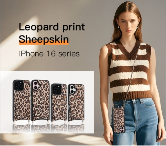 Sinco leopard print sheepskin iPhone 16 lanyard phone case