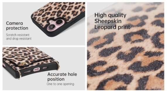 Sinco leopard print sheepskin iPhone 16 lanyard phone case