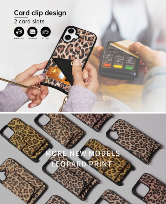 Sinco leopard print sheepskin iPhone 16 lanyard phone case