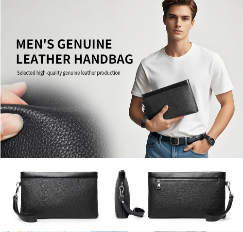 Minimalist leather lychee pattern men handbag