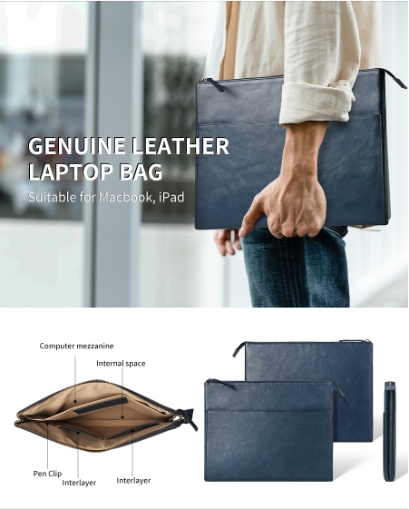 High quality deep blue genuine leather computer bag