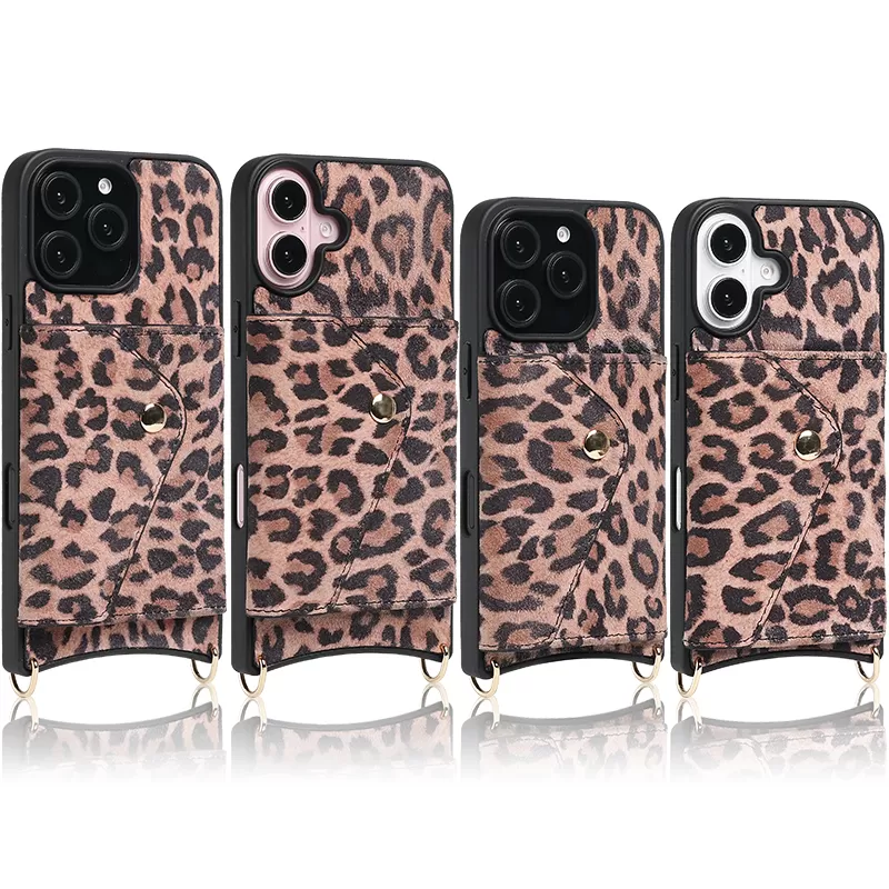 Envelope sheepskin leopard print iPhone 16 lanyard phone case