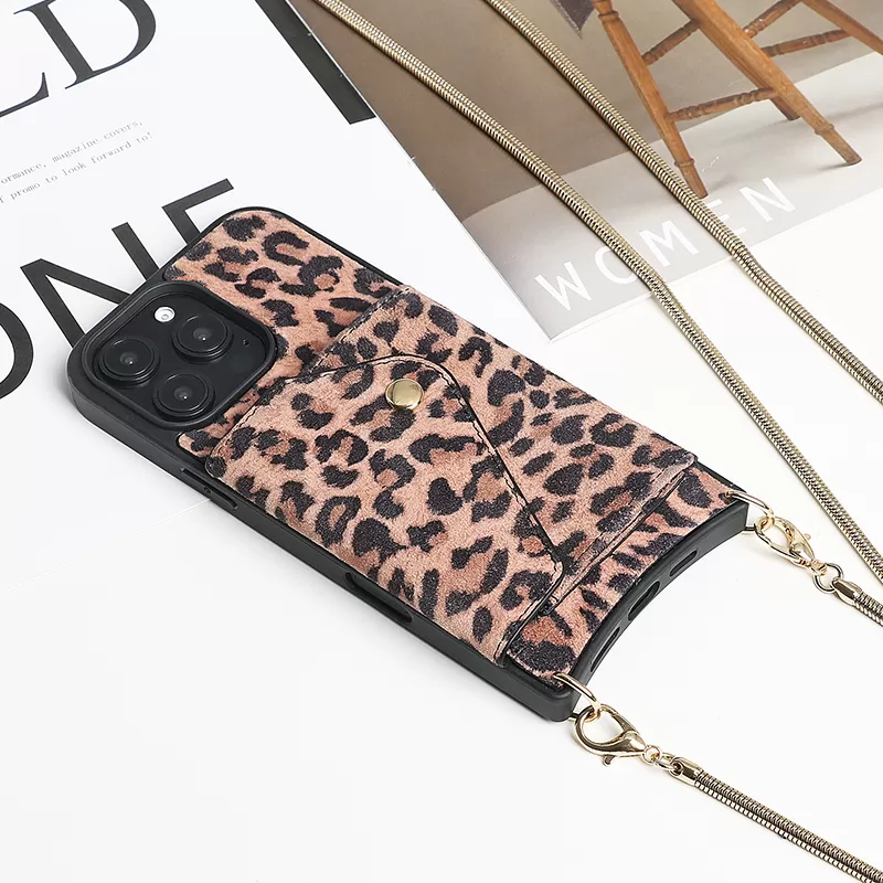 Envelope sheepskin leopard print iPhone 16 lanyard phone case