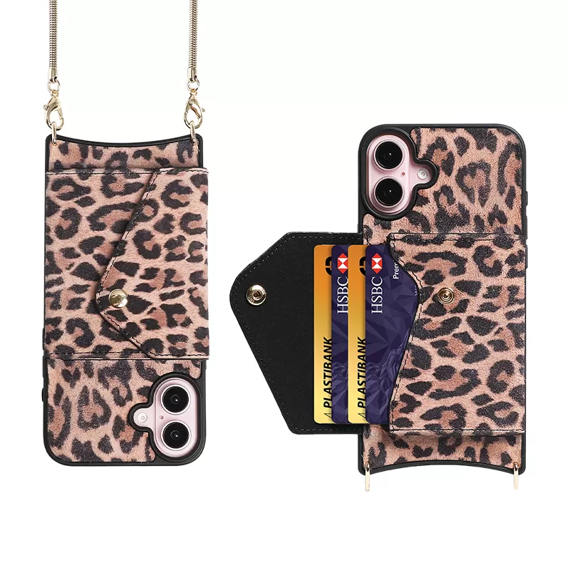 Envelope sheepskin leopard print iPhone 16 lanyard phone case