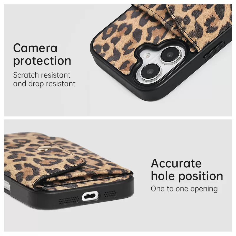 Genuine leather leopard print sheepskin iPhone 16 phone case