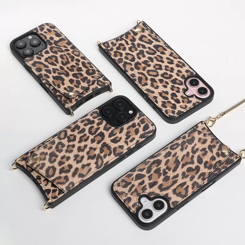 Sinco leopard print sheepskin iPhone 16 lanyard phone case