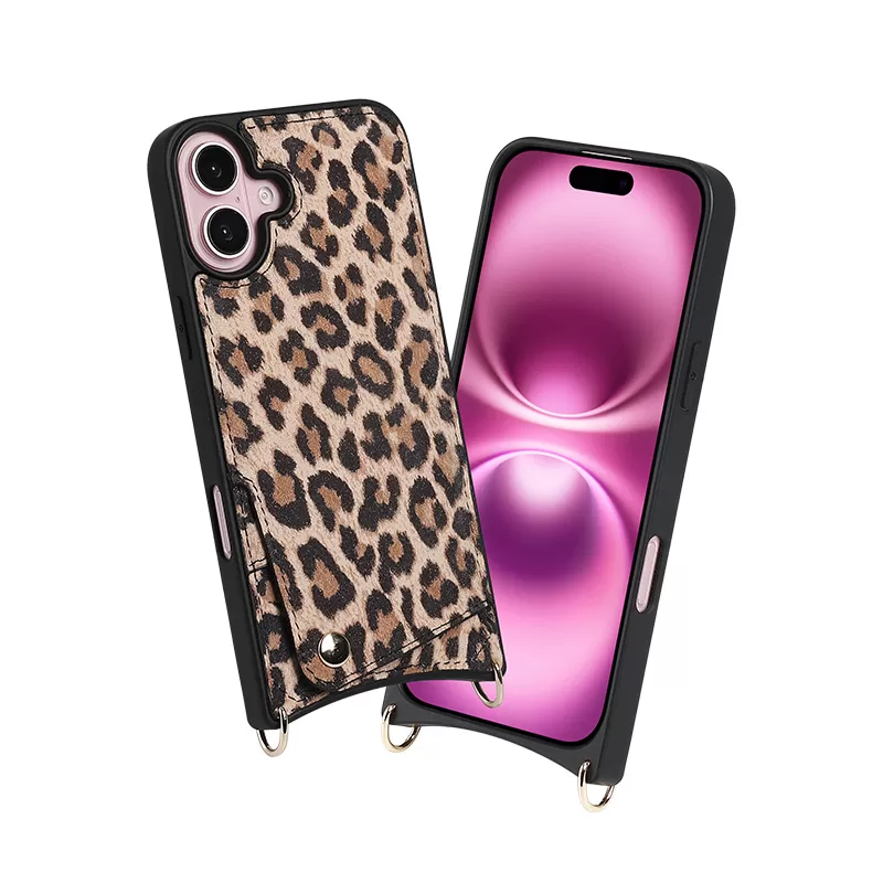 Sinco leopard print sheepskin iPhone 16 lanyard phone case