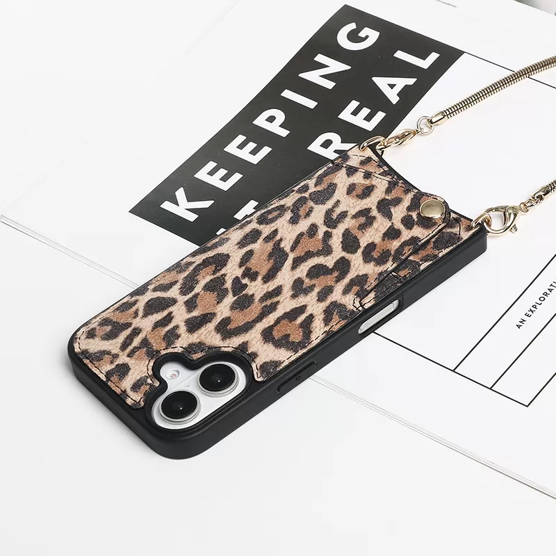 Sinco leopard print sheepskin iPhone 16 lanyard phone case