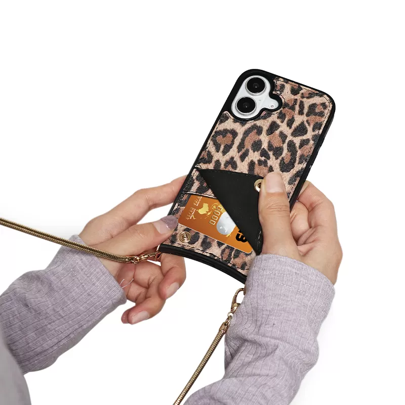 Sinco leopard print sheepskin iPhone 16 lanyard phone case